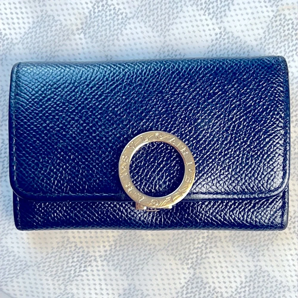 Auth.BVLGARI B-Zero Indigo Blue Leather Key Case Vintage Gold-Tone hardware 3x4”